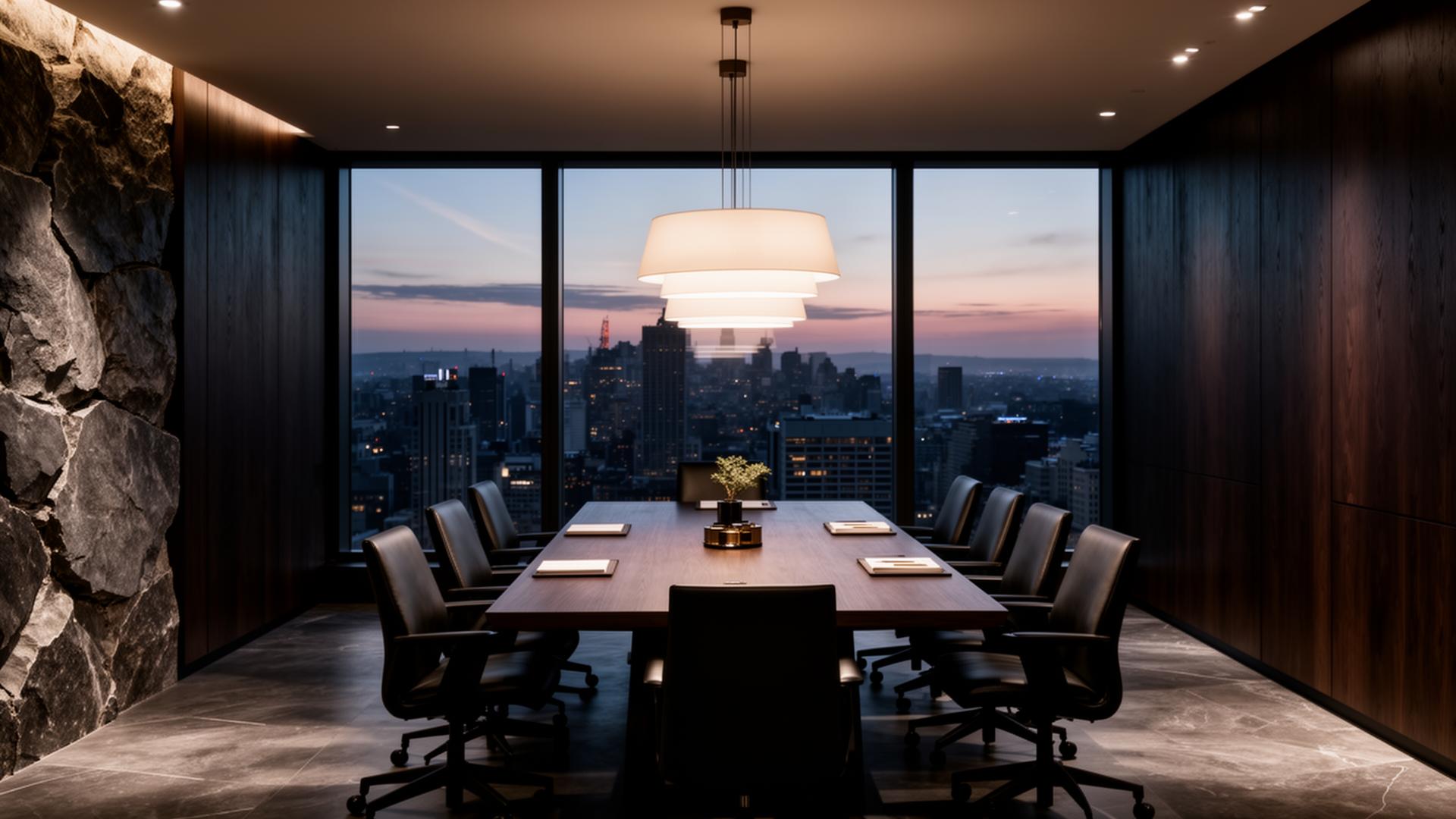 Executive boardroom with view of a Nordic city at dusk